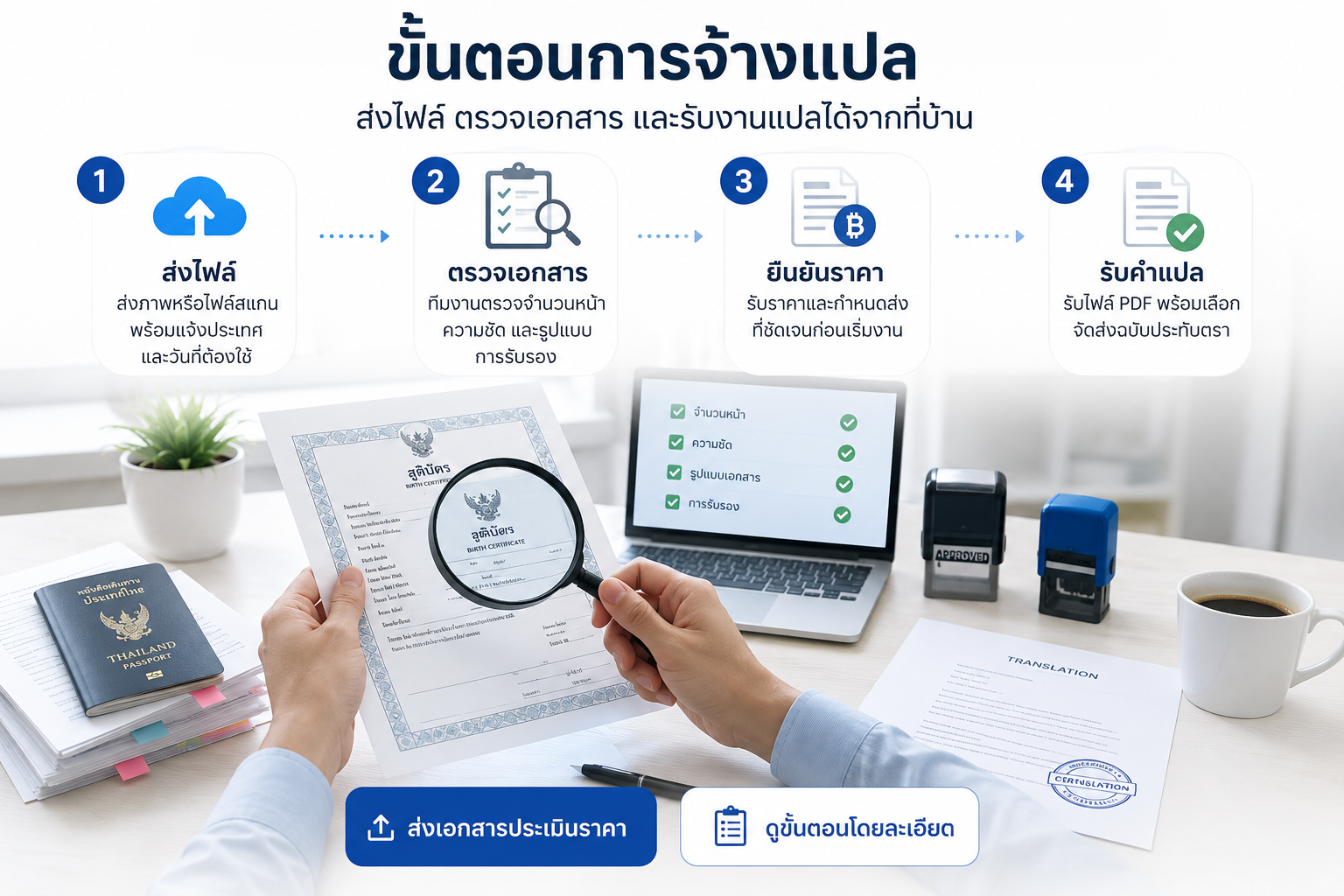 ทีมงานกำลังตรวจเอกสารและคำแปลสำหรับยื่นวีซ่า